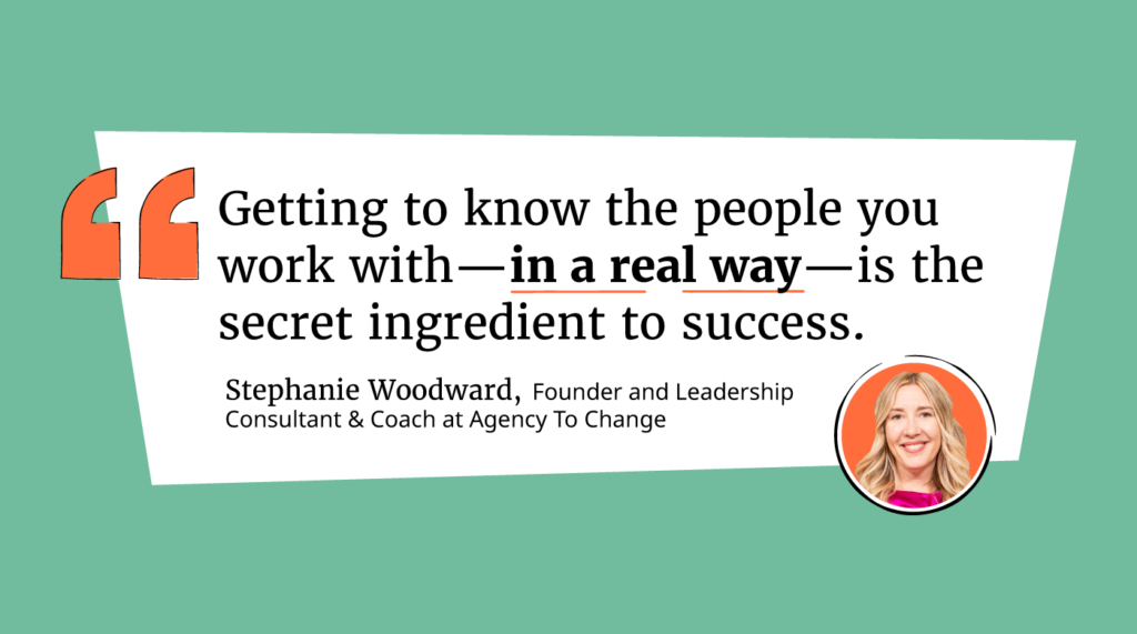 prioritizing conversations & connections will build a better world of work with stephanie woodward qoute graphic