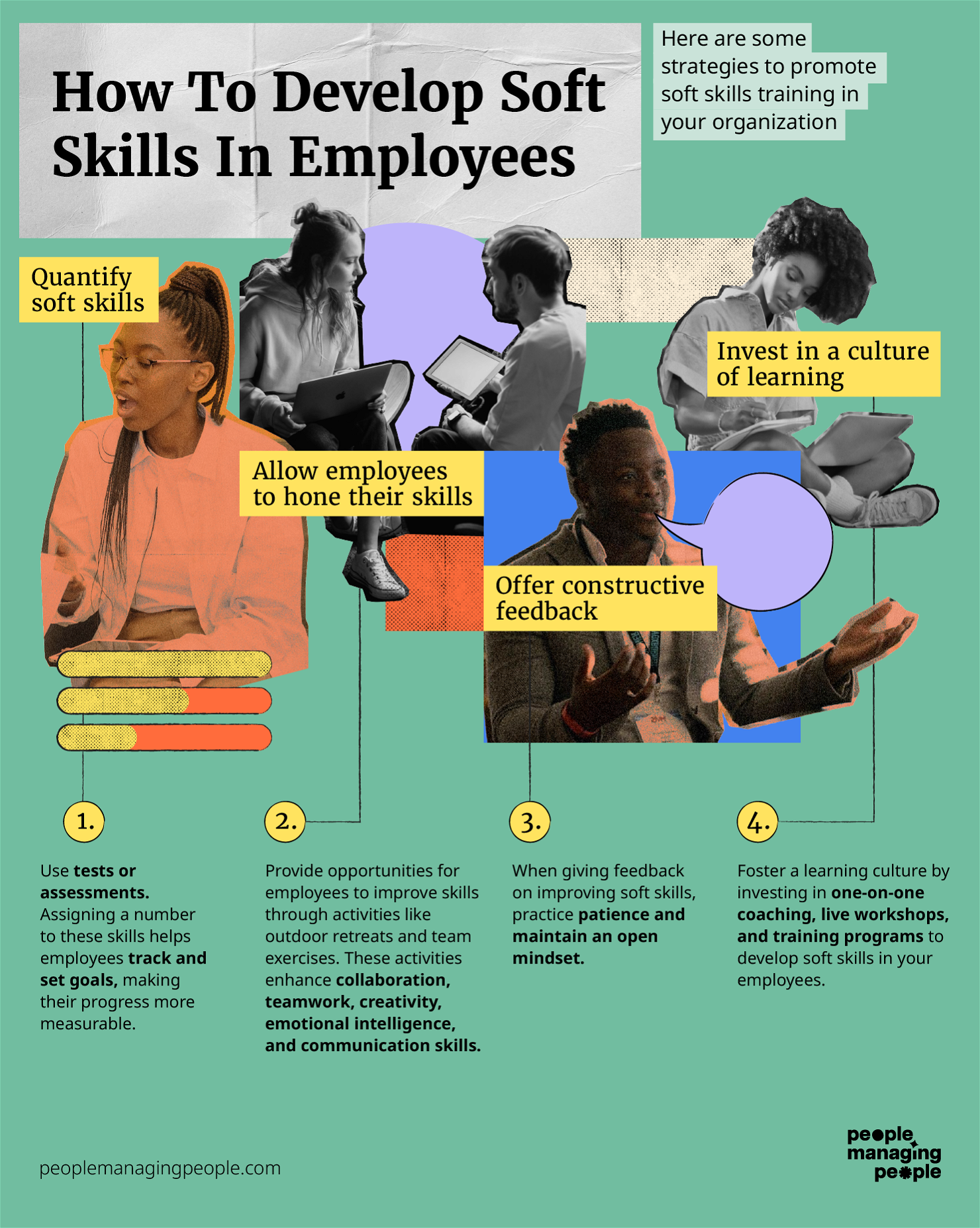 An image illustrating strategies for developing soft skills in employees. The background shows employees engaged in various tasks. Text overlays highlight key points: "Quantify soft skills", "Invest in a culture of learning", "Allow employees to hone their skills", and "Offer constructive feedback".