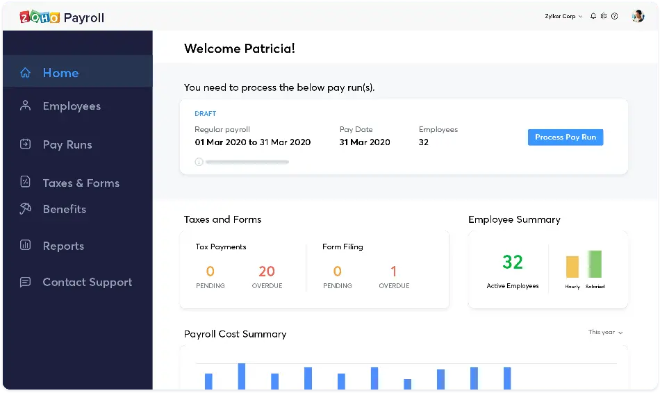 Zoho Payroll screenshot - 10 Best Free Payroll Software for Tight Budgets in 2022